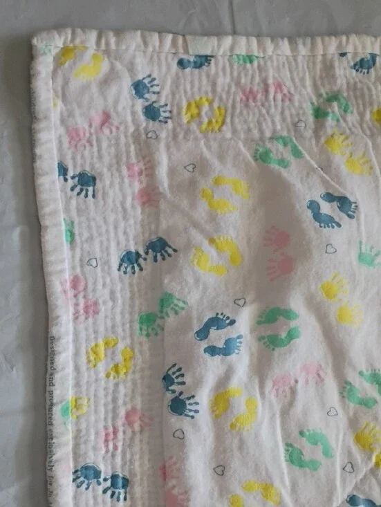 Soft Baby Quilt with Pastel Foot & Handprint and Penguin Pattern Double Sided