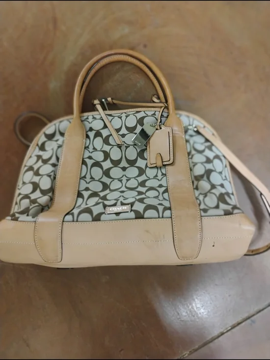 Coach Signature Canvas Satchel in Khaki and Tan Leather
