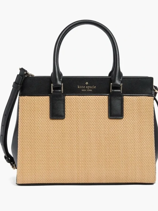 Kate Spade New York Cameron Street Candace Raffia and Black Leather Satchel