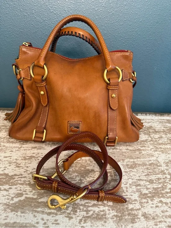 Dooney & Bourke Cognac Leather Satchel with Tassel Trim