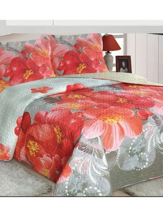 Floral king 3 piece Quilt Set - Red & Gray