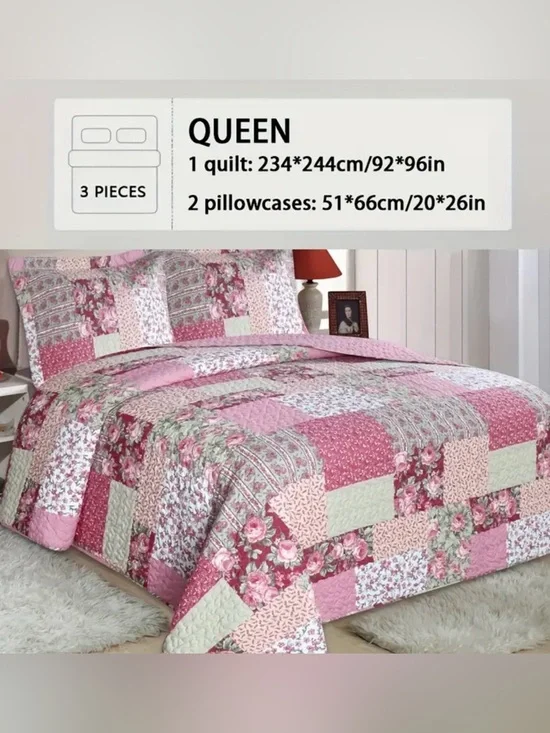Floral Patchwork 3 piece Quilt Set - Pink Queen Bedding