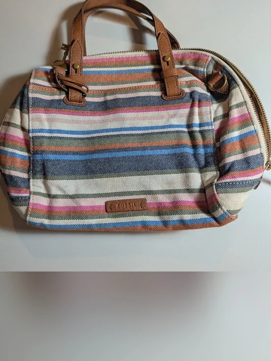 Fossil Striped Canvas Satchel with Tan Leather Accents