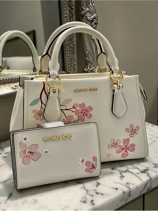 Michael Kors Cream Floral Saffiano Leather Satchel with Matching Wallet