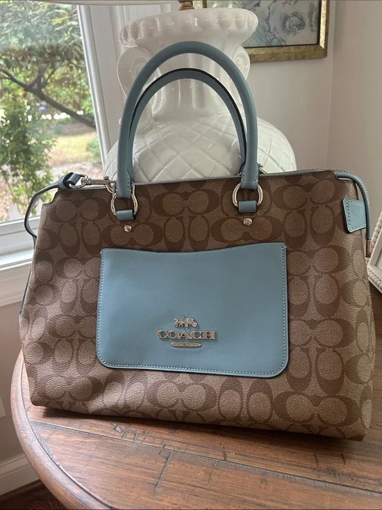 Coach Brown Signature Canvas Satchel with Light Blue Trim