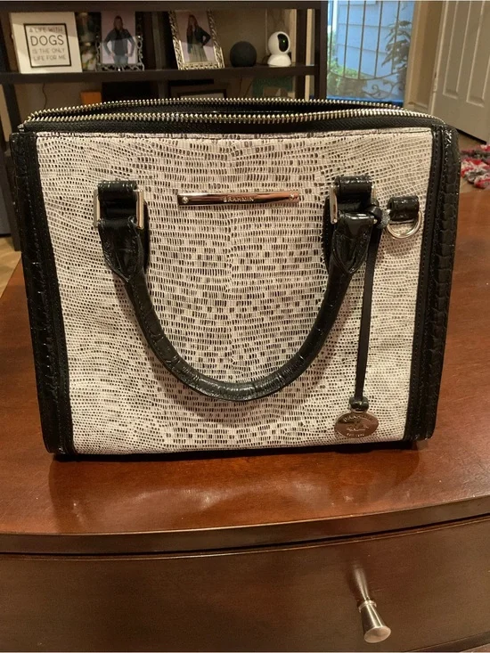 Brahmin Black and White Textured Satchel