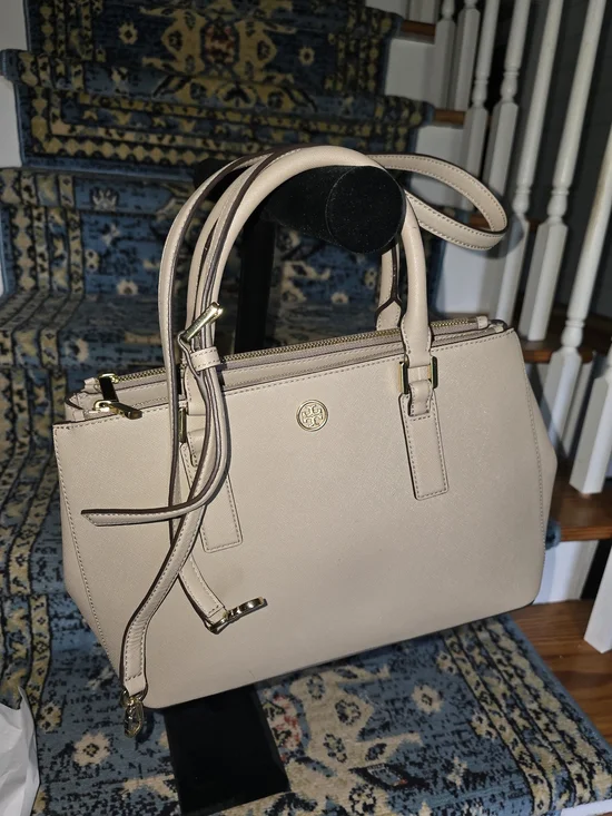 Tory Burch Robinson In French gray Saffiano Leather Satchel with Gold Hardware