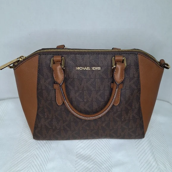Michael Kors Ciara Womens Tan & Brown Signature Monogram Logo Satchel Bag Medium