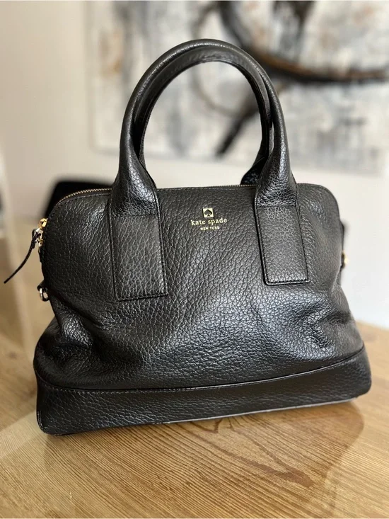 kate spade Black Pebbled Leather Dome Satchel with Gold Logo