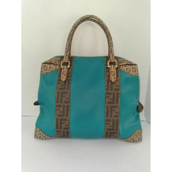 Fendi Monogram Turquoise Leather Tote Bag with FF‎ Pattern Trim Designer Handbag