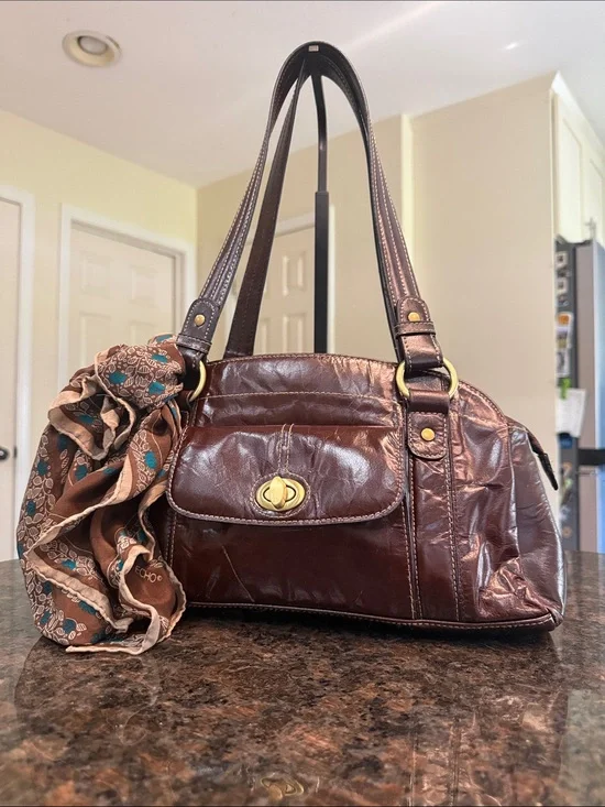 Vintage Apt. 9 Glossy Brown Dome Satchel Bag with Vintage Scarf Accent