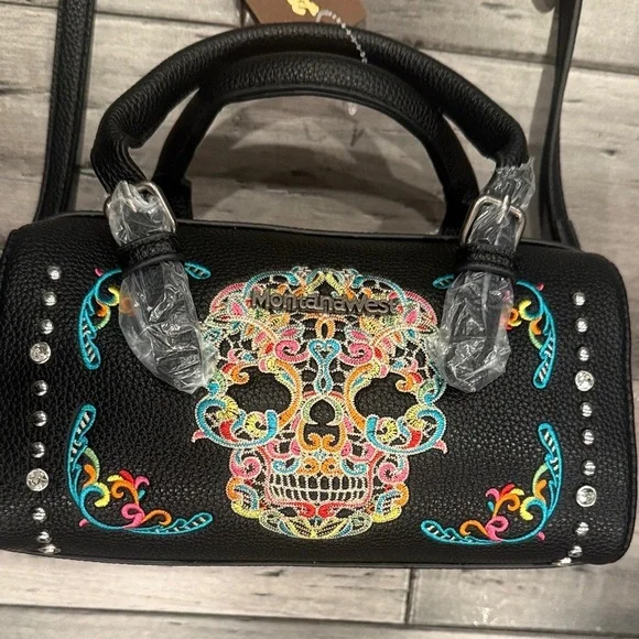 Montana West Black Satchel with Colorful Embroidered Sugar Skull