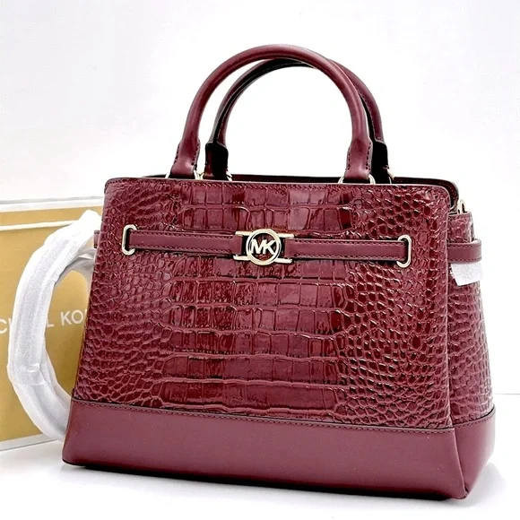 NWT MICHAEL MICHAEL KORS Reed Large Croc-Embossed Leather Belted Satchel Oxblood