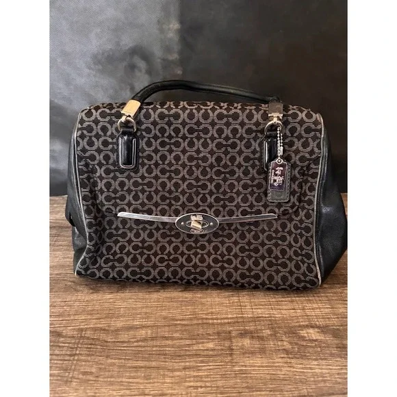 Coach Signature Canvas Leather Trim Satchel‎ Handbag Purse Black Gray