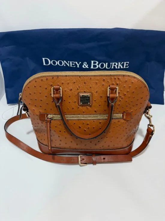 Dooney & Bourke Ostrich Embossed Domed Zip Satchel in Caramel