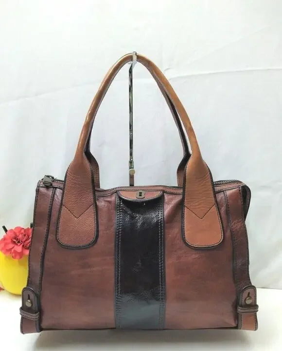 Fossil Maddox Brown Leather Black Stripe Zipper Satchel Shoulder Bag