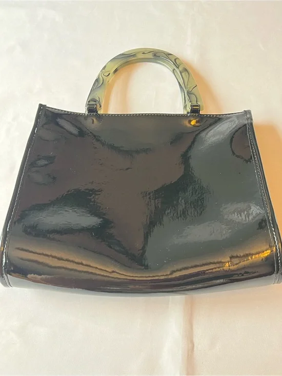 Neiman Marcus Black Patent Satchel with Marbled Green Handle