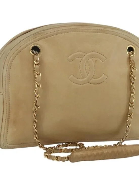 CHANEL Chain Shoulder Bag Lamb Skin Beige Gold CC Auth 165944
