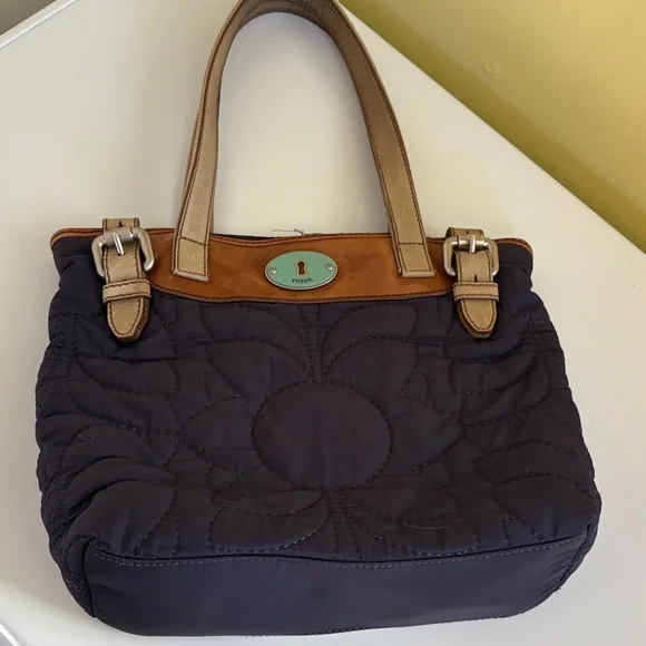 Fossil Key-per Navy Quilted Fabric and Leather Shoulder Bag