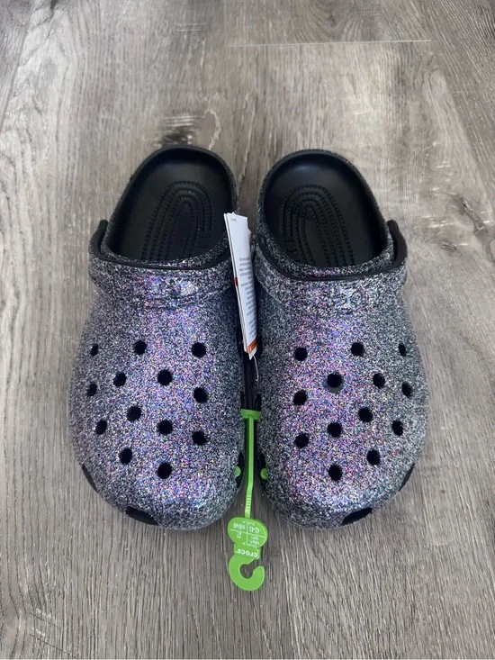 Size M9/W11 - Crocs Adult Classic Glitter Clogs Baya - Black Multi Glitter