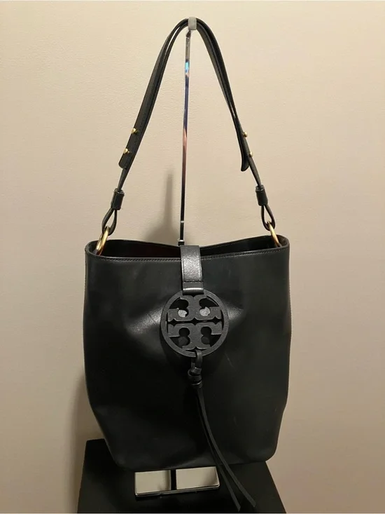 Tory Burch Black Leather Logo Bucket Shoulder Bag