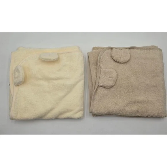 Lot of 2 Organic Cotton Hooded Baby Bath Towels Swaddle Blankets Bear Ears 30x30