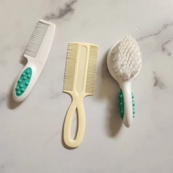 Set of three soft bristle hard comb baby unisex brushes cream vintage double-sid