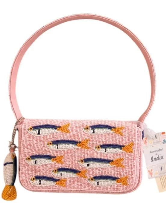💕▪️Made In  India▪️ Pink  Sardine Beaded Fish Shoulder Bag