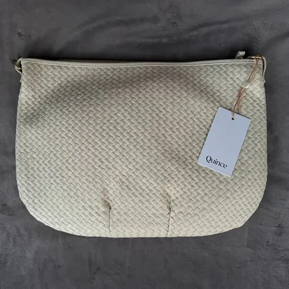 Quince Italian Leather Convertible Crescent Handwoven Shoulder Bag Bone NWT