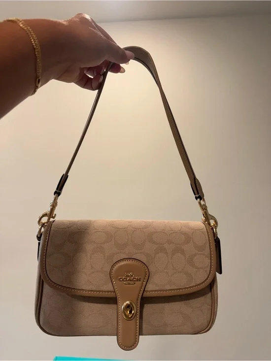 Coach Beige/Tan Signature Canvas Shoulder Bag with Gold Hardware