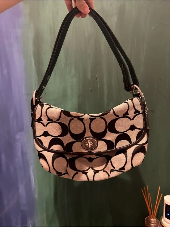 Coach Black and Cream Signature Canvas Shoulder Bag with Turn-Lock