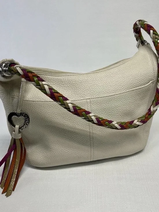 Brighton Cream Leather Shoulder Bag with Multicolor Braided Strap