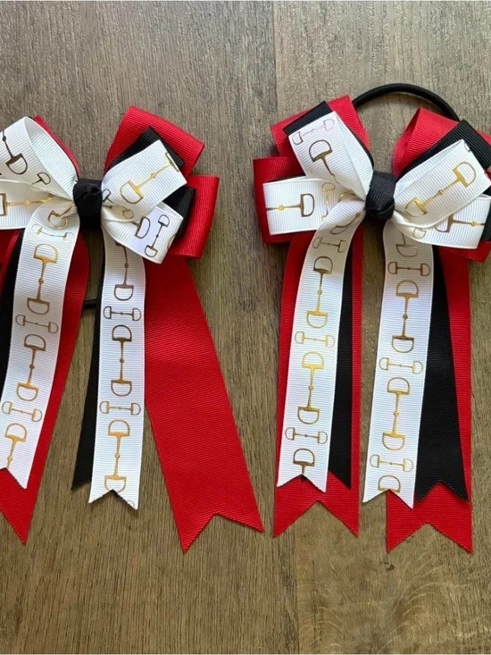 Red, Black & White Equestrian Bit Ribbon Hair Bows