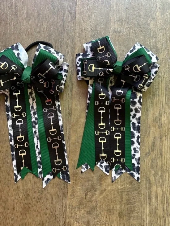 Green and Black Ponytail Bows with Leopard Trim - Kids Accessories