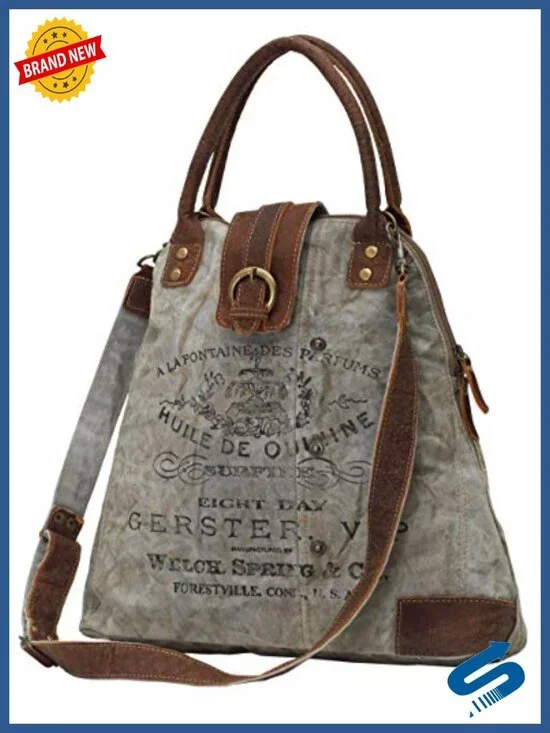 Upcycled Canvas Shoulder Bag with Leather Accents - 16