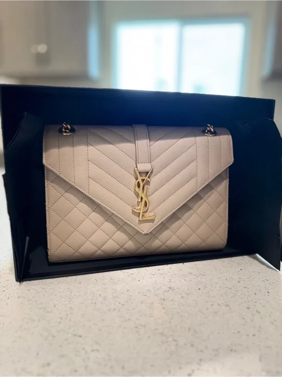Saint Laurent Quilted Envelope Shoulder Bag in Beige with Gold Hardware