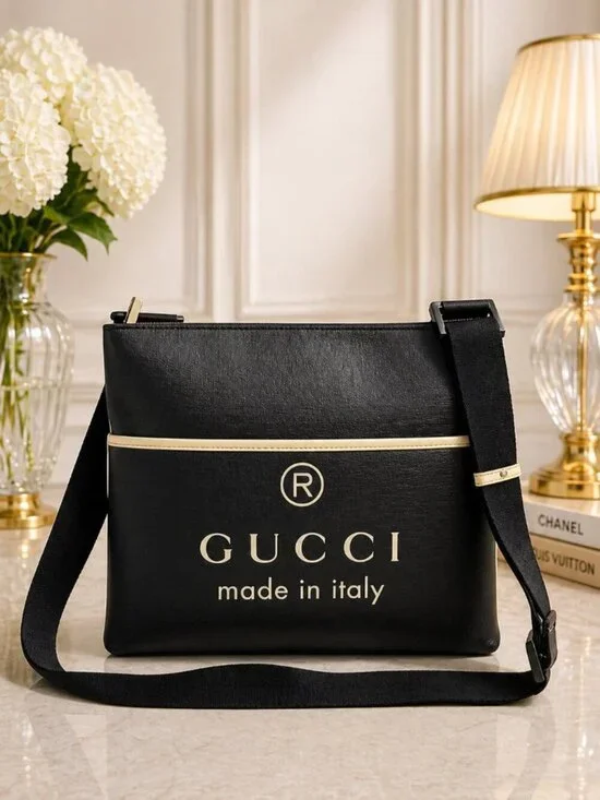 Authentic Gucci Logo Messenger Crossbody Bag Black Canvas Leather Trim Designer