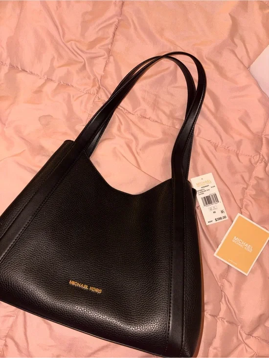 Michael Kors Black Pebbled Leather Shoulder Bag with Gold Logo