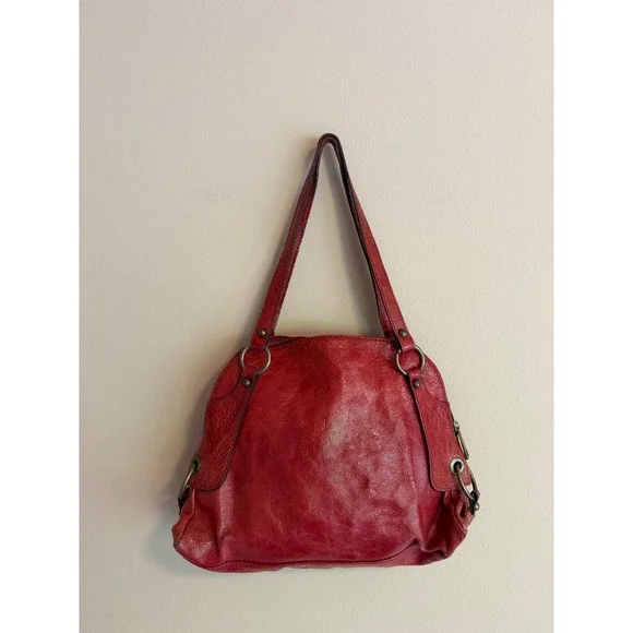 Vintage Red Leather‎ Shoulder Bag Brass Hardware Hobo Tote