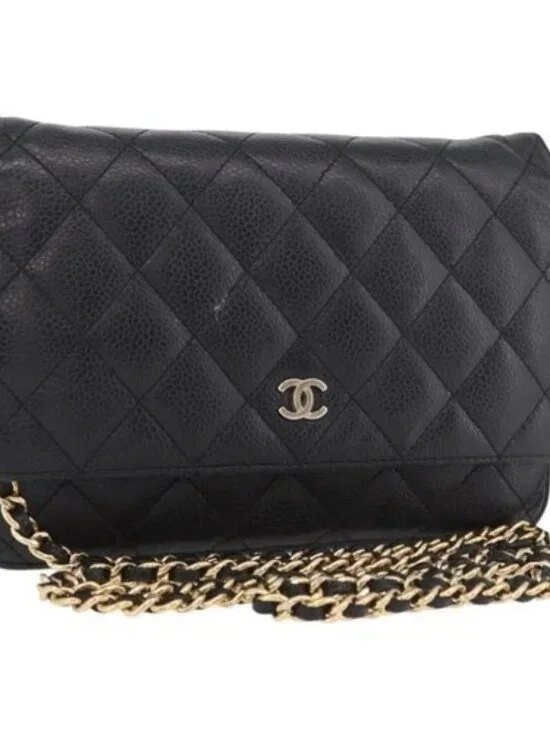 CHANEL Matelasse Chain Shoulder Bag Grained Calf Skin Black Gold CC Auth 188972