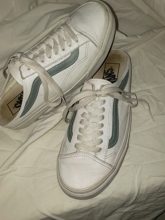 Vans Old Skool Leather Low-Top in White with Sage Side Stripe