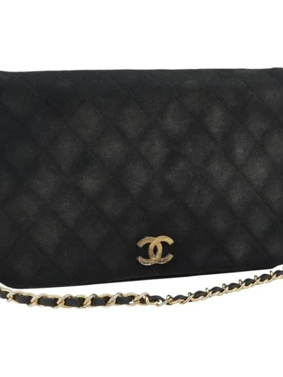 CHANEL Matelasse Chain Shoulder Bag Cotton Black Gold CC Auth bs34166