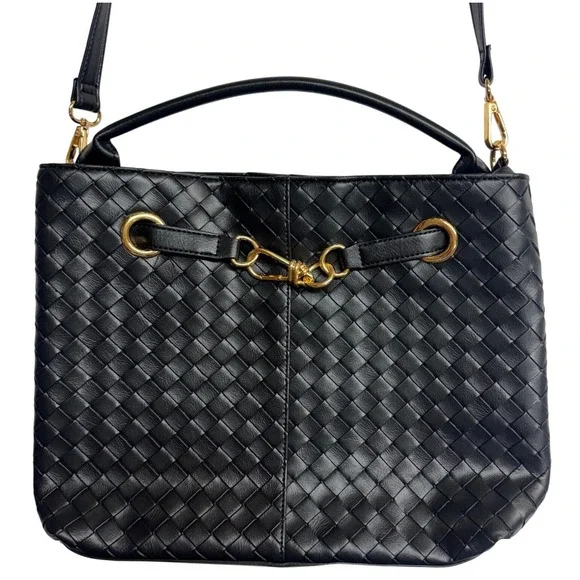 Black Woven Faux Leather Shoulder Bag Gold Hardware Crossbody TT251133-BLK‎