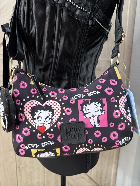 Betty Boop Black Shoulder Bag with Pink Lip Print