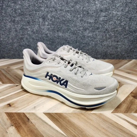 HOKA Bondi 9 Men's 15 D Stucco/Grout White Blue Mesh Lace-Up Sneakers 1162011