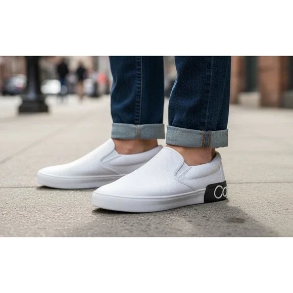 Calvin Klein Slip-On Sneakers RYOR2‎ Men's 9 White Leather CK Logo Casual Shoes