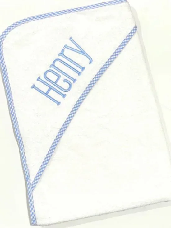 Terry Cloth Hooded Towel with Gingham Blue Trim and Embroidered with Henry