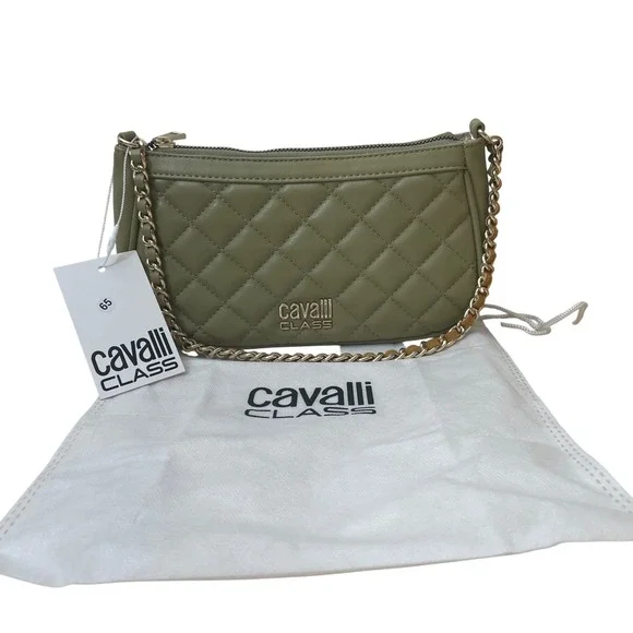Cavalli Class Quilted Chain Shoulder Bag Olive Green‎ Leather Dust Bag NWT
