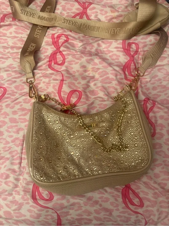 Steve Madden Gold Rhinestone and Beige Crossbody with Logo Strap