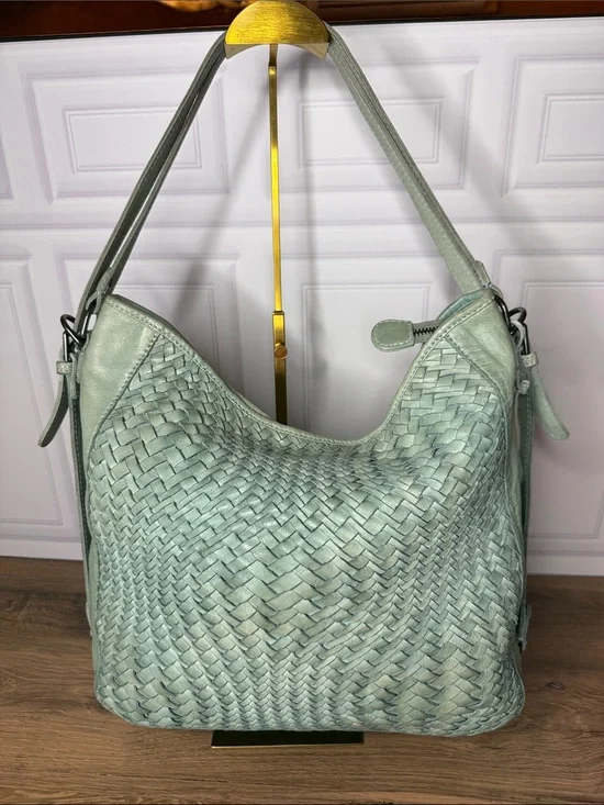 Genuine Leather Woven Hobo Shoulder Bag Seafoam Sage Green Boho L Soft Leather